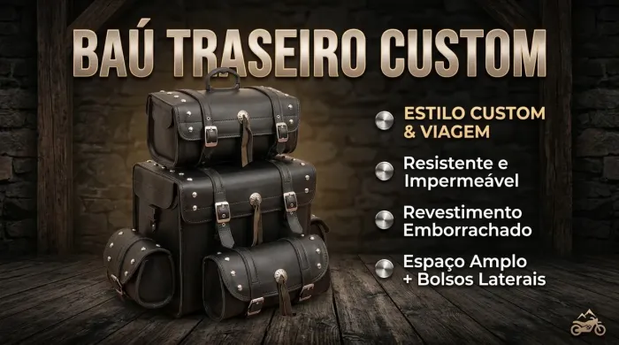 Baú Traseiro / Mala Dupla Custom para Moto - Impermeável com Cravos e Bolsos 60L