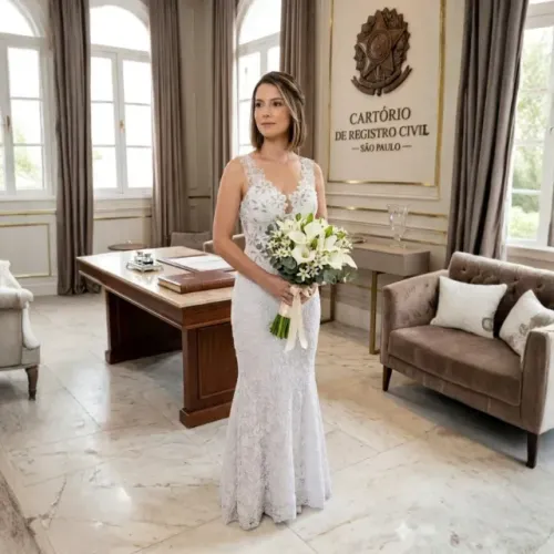 Vestido Noiva Casamento Civil Linho Borbado Tule Busto Costas Pedraria Pérolas Branbas