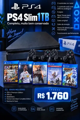 PS4 Slim 1TB + 2 Controles + 5 Jogos + Caixa Original
