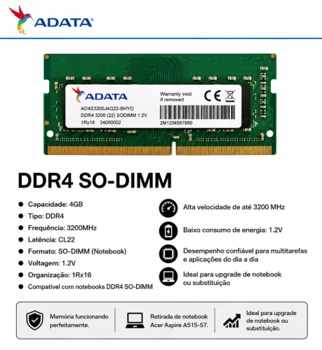 Memória RAM Notebook (ADATA) 4GB DDR4 3200MHz SO-DIMM. (Faixa de preço NOVA: R$230,00).