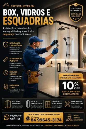 Instalação e manutenção de box, vidros e esquadrias