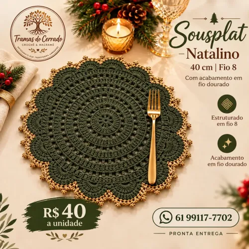 Sousplat verde Natal, crochê, unidade, jogo americano, mesa posta, decoração de mesa