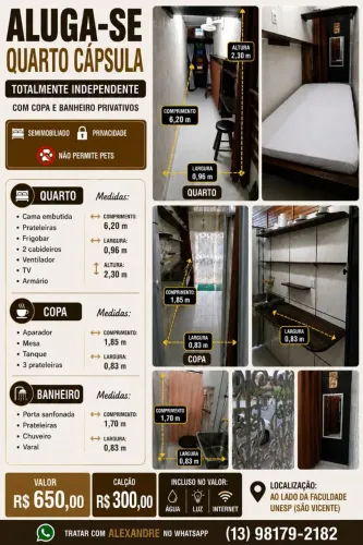 Qto Cápsula, semimobiliado, totalmente idepenpen, incluso água, luz e internet, p 1 pessoa