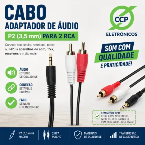 cabo adaptador de áudio P2 (3,5 mm) para 2 RCA.