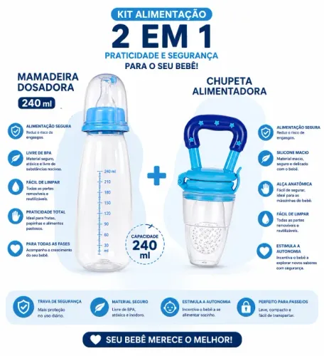 KIT ALIMENTAÇÃO 2 EM 1 - Mamadeira Dosadora 240ml + Chupeta Alimentadora
