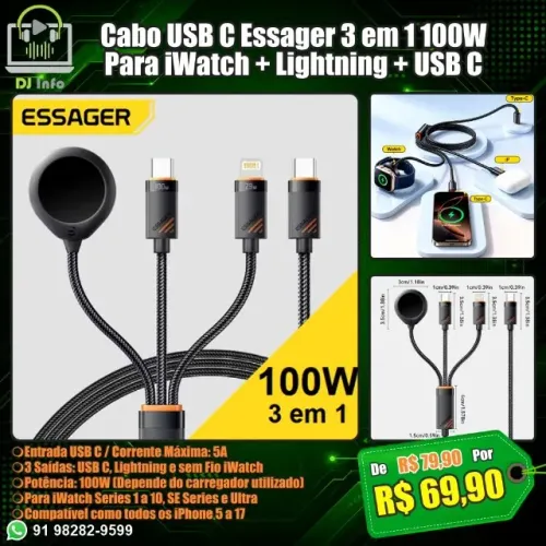 Cabo USB C Essager 3 em 1 100W Para iWatch + Lightning + USB C