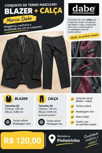 Conjunto de Terno Masculino Preto - Blazer + Calça