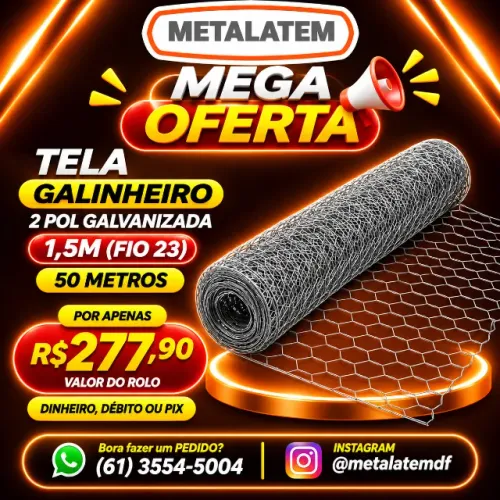 TELA GALINHEIRO GALVANIZADA 2 POLEGADAS FIO 23 1,50M X 50 METROS