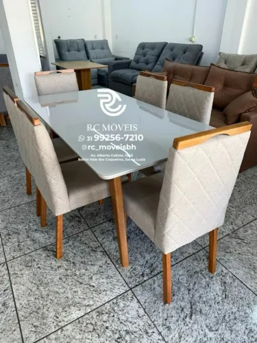 Mesa de jantar 1,70x0,90 Tampo Vidro Laqueado + 6 Cadeiras Madeira Maciça