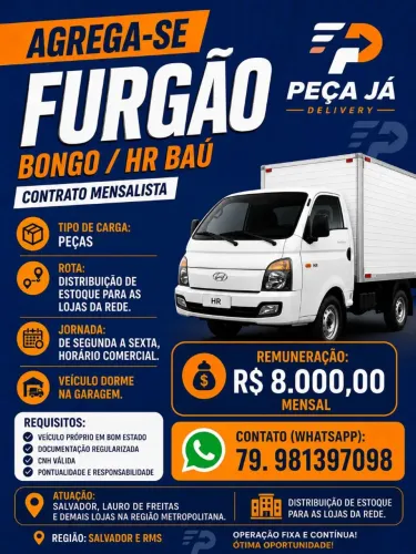 Agrega se Veículo Furgão / Bongo Baú/ HR Baú 