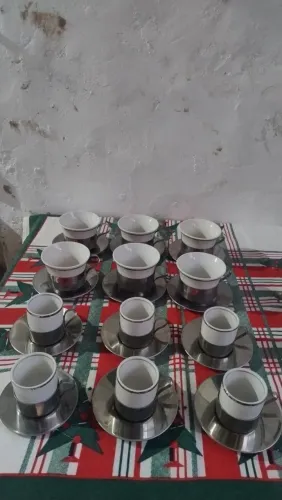 Jogo d café e chá em inox e porcelana VINTAGE 24 PEÇAS