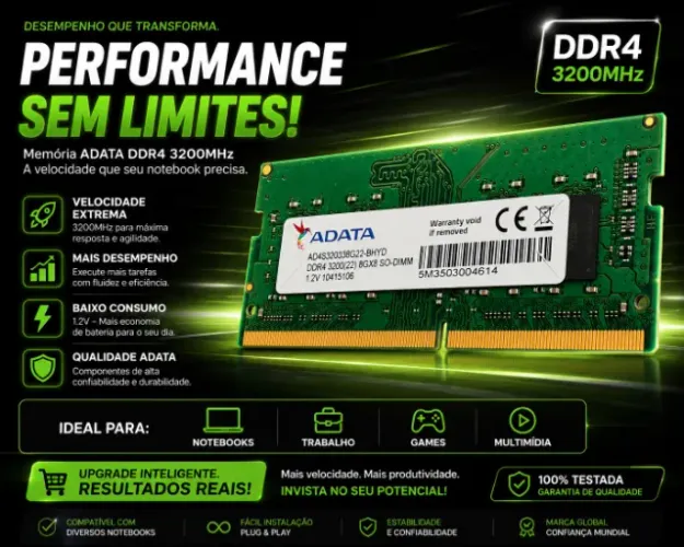 Memória RAM 8GB DDR4 3200MHz ADATA para Notebook | Nova | Última Unidade
