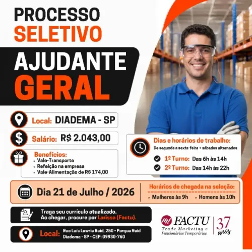 Processo Seletivo para Ajudante Geral em Diadema - Muitas vagas para início Imediato