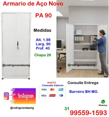 Armario de Aço branco PA 90 Multiuso Escola Comercio Industria casa Estoque Estante moveis