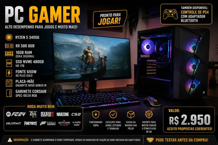 PC Gamer Ryzen 5 | RX 580 8GB | 16GB RAM | SSD NVMe + HD | Pronto para jogar