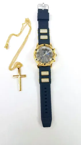 Relógio De Pulso Esportivo Kullen Preto Dourado + Corrente Dourada com Pulseira Borracha