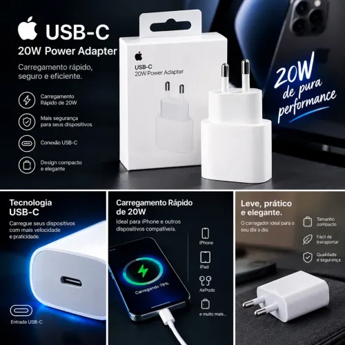 Carregador USB-C 20W para iPhone - Adaptador de Carga Rápida e Compacto