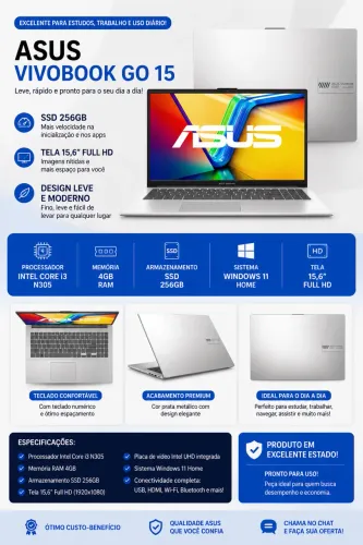 Notebook ASUS Vivobook Go 15 - Core i3 | SSD 256GB | Tela Full HD