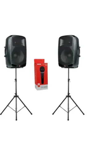 Kit Staner - 2 Caixa Ativa Staner Ps-1501 + Microfone Dinâmico Karaokê TOMATE