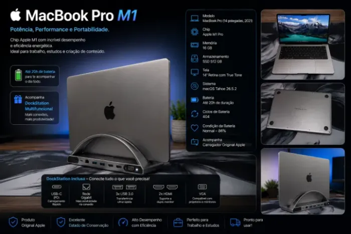 MacBook Pro M1 Pro 14 Pol, 16 GB, 1TB SSD + Dockstation