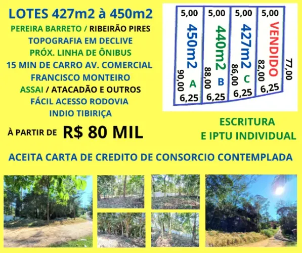 Lotes 400m2 Pereira Barreto Ribeirão Pires Escritura e Iptu Estuda Entrada + Parcelas