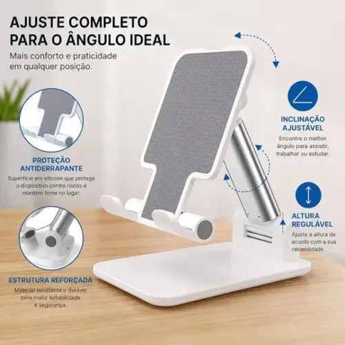 Suporte de Mesa Ajustável para Celular e Tablet com Altura Regulável e Inclinação Articula