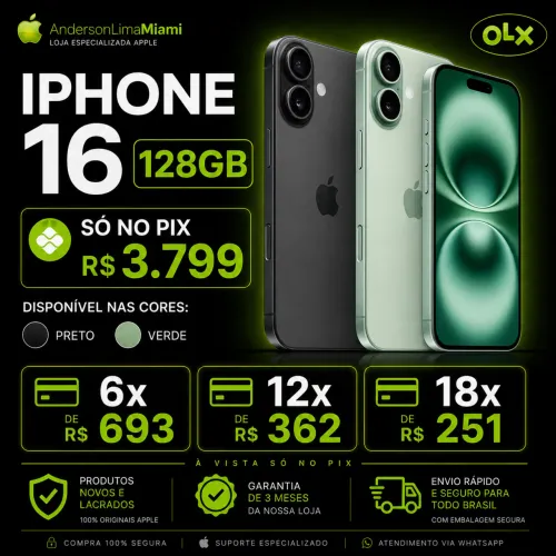IPHONE 16 128GB PROMOÇÃO SÓ NO PIX, LOJA NO RIOMAR, ACEITAMOS CARTÃO. 