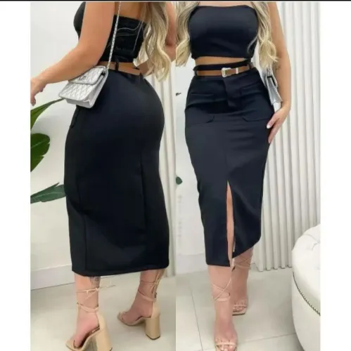 Saia preta Midi Alfaiataria com bolso 