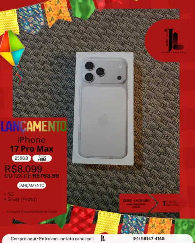 IPHONE 17 PRO MAX, 256GB, CHIP ESIM, SILVER (PRATA), LACRADO, LANÇAMENTO!