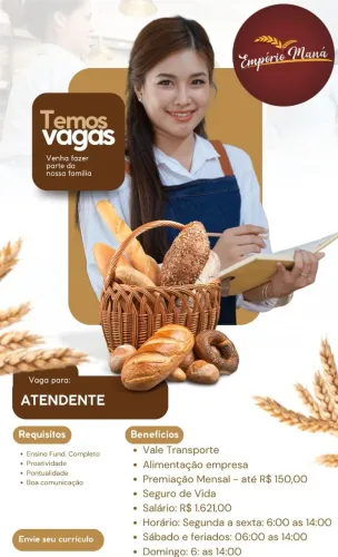 Vaga emprego - Atendente Padaria - Setor Sudoeste