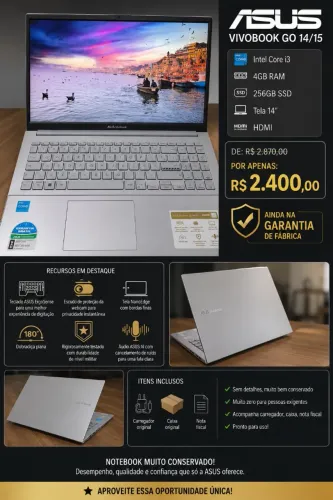 Notebook ASUS VIVOBOOK / GO 14 - 15 - 4GB RAM 256 ARMAZENAMENTO