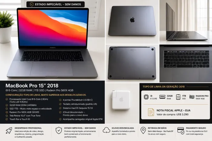 MacBook Pro 15pol 2018 i9 - 32GB RAM - 1TB SSD - Radeon Pro 560X 4GB - Topo de Linha
