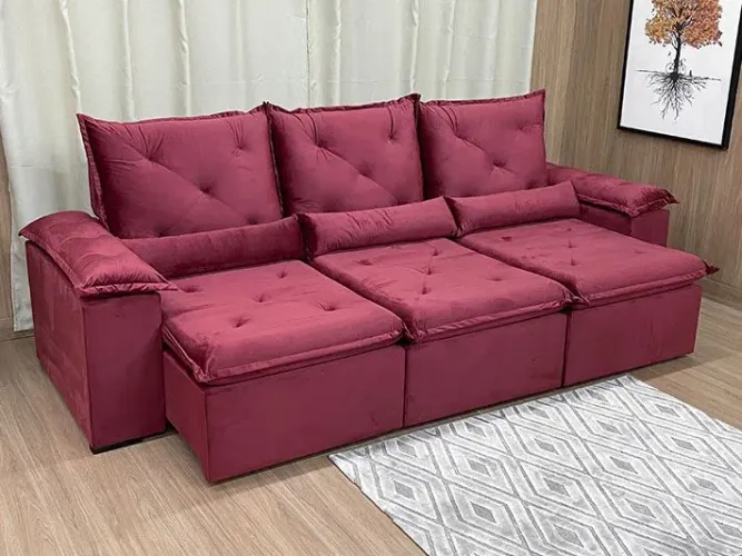 Sofá Retrátil 3 Lugares 270cm Veludo Vinho