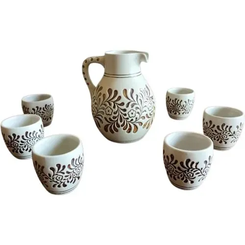 Conjunto de Cerâmica Pintada à Mão - Jarro e 6 Copos