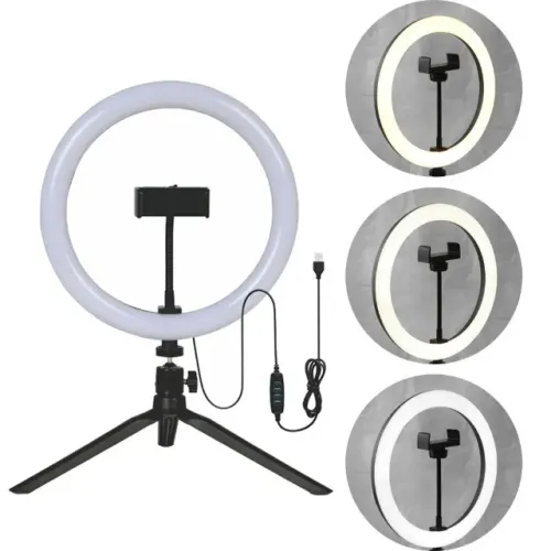 RING LIGHT LED 10'' 8W 3000K/4200K/6500K PRETA 5V USB C/ TRIPE 19CM E SUPORTE P/ CELULAR