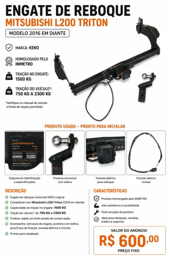 Engate de Reboque KEKO Original Mitsubishi L200 Triton 2016+ Removível Completo