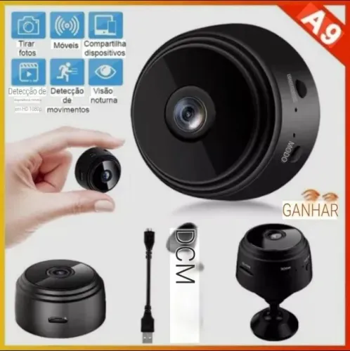 Mini Câmera de Segurança Fixa Espiã A9 WI-FI FullHD 90° com Suporte de Parede - A09-H