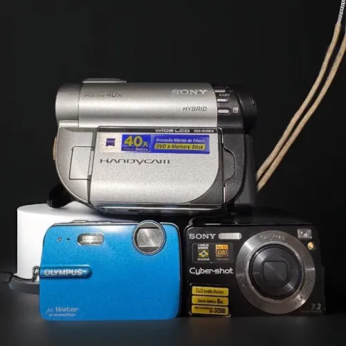 Lote 3 Câmeras Vintage Y2K - Sony Cybershot + Olympus Prova D'água + Filmadora Sony DVD