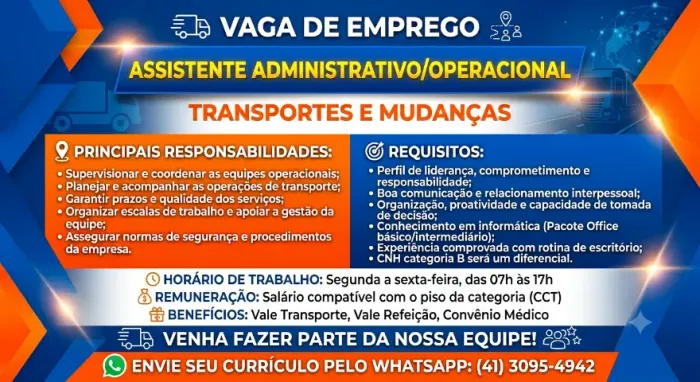 vagas de emprego: Assistente Administrativo/Operacional