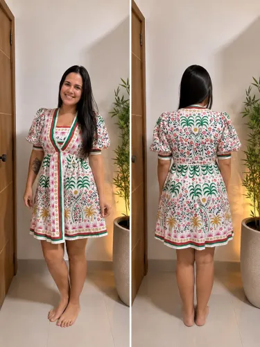 Vestido estampado ótimo para quem amamenta.