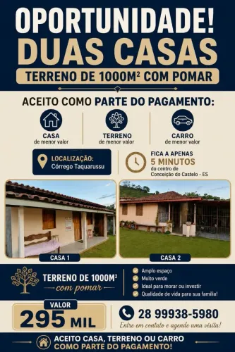 Duas casas em terreno de mil metros/ 5 min do centro de Conceição do Castelo ES