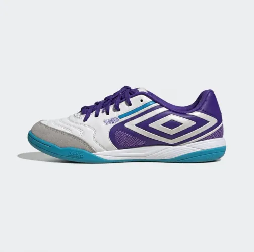 Tênis Futsal Umbro Pro 5 Bump - Branco, Roxo e Azul Turquesa | Futebol de Salão