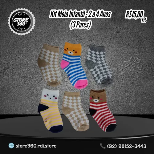 Kit Meia Infantil - 2 a 4 Anos (3 Pares)