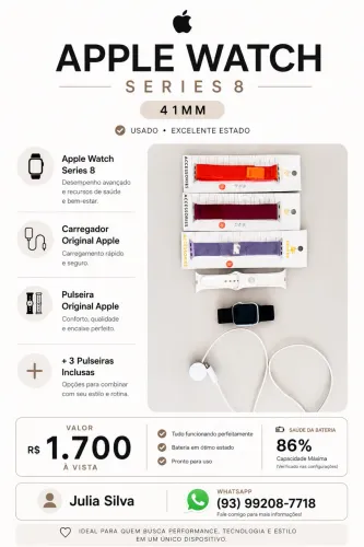 Apple Watch Series 8 41mm + 4 Pulseiras + Carregador Original