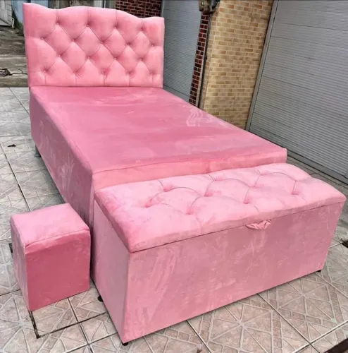 Cama unibox com cabeceira + Puff baú organizador + brinde