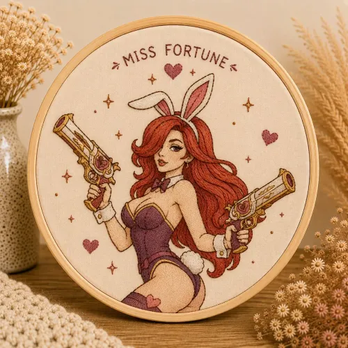 Quadro bordado Miss Fortune Coelhinha League Of Legends em bastidor 14cm