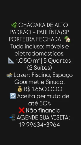 CHÁCARA DE ALTO PADRÃO - PAULÍNIA/SP > PORTEIRA FECHADA!