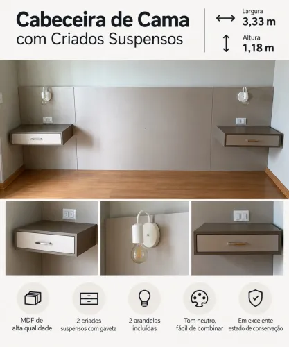 Cabeceira de cama planejada com 2 criados suspensos