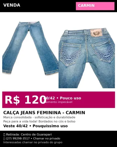 Calça jeans feminina sofisticada CARMIN! R$120