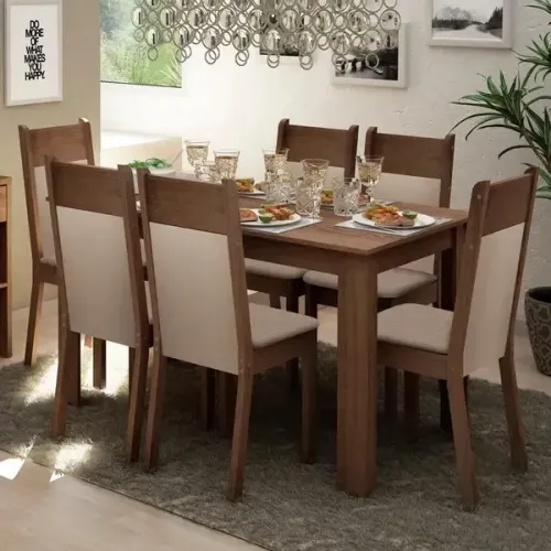 Conjunto Sala de Jantar Mesa Tampo de Madeira 6 Cadeiras Rustic/Crema/Bege Jaíne Madesa